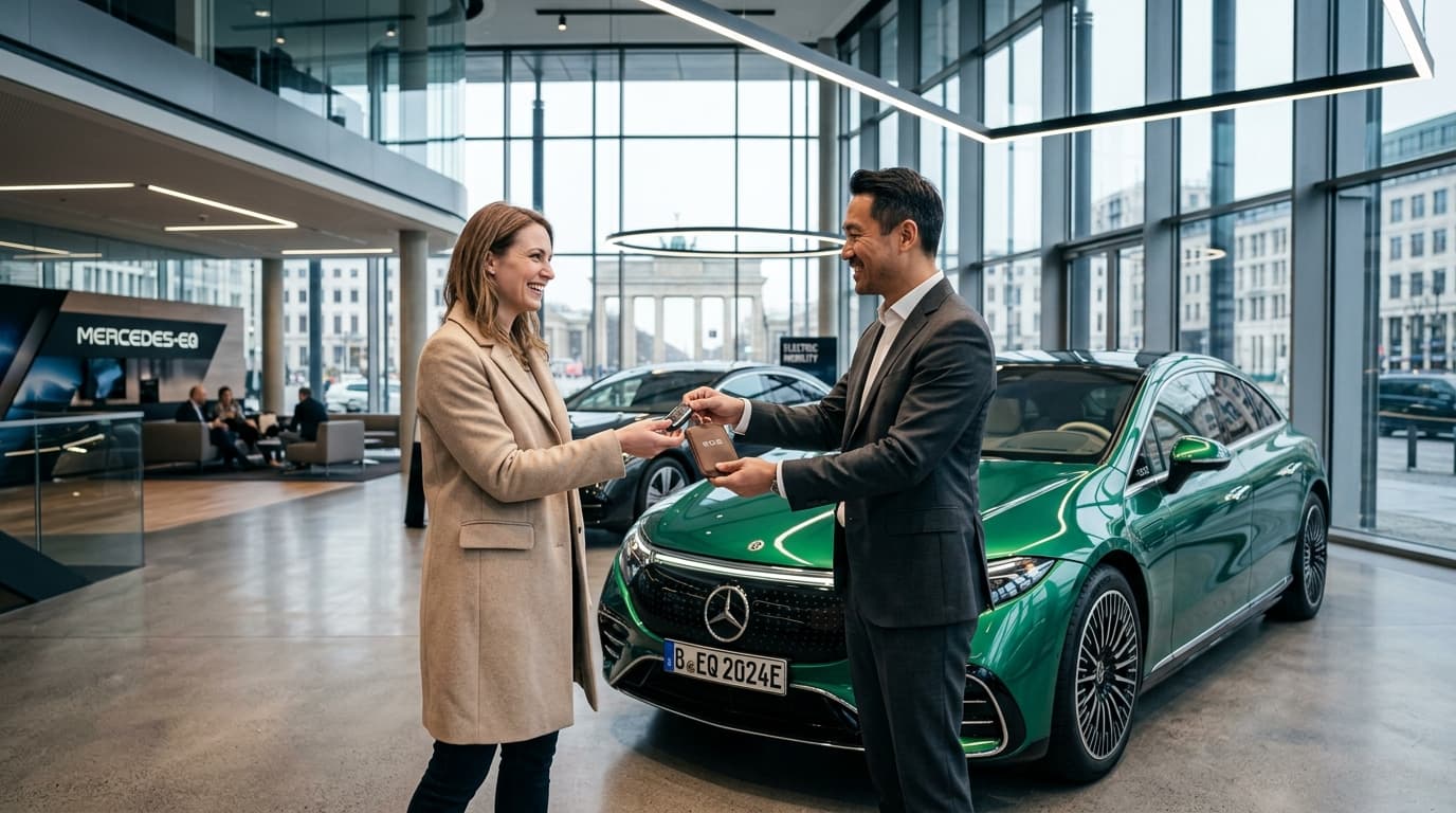 Customer taking delivery of luxury electric car in modern automotive showroom