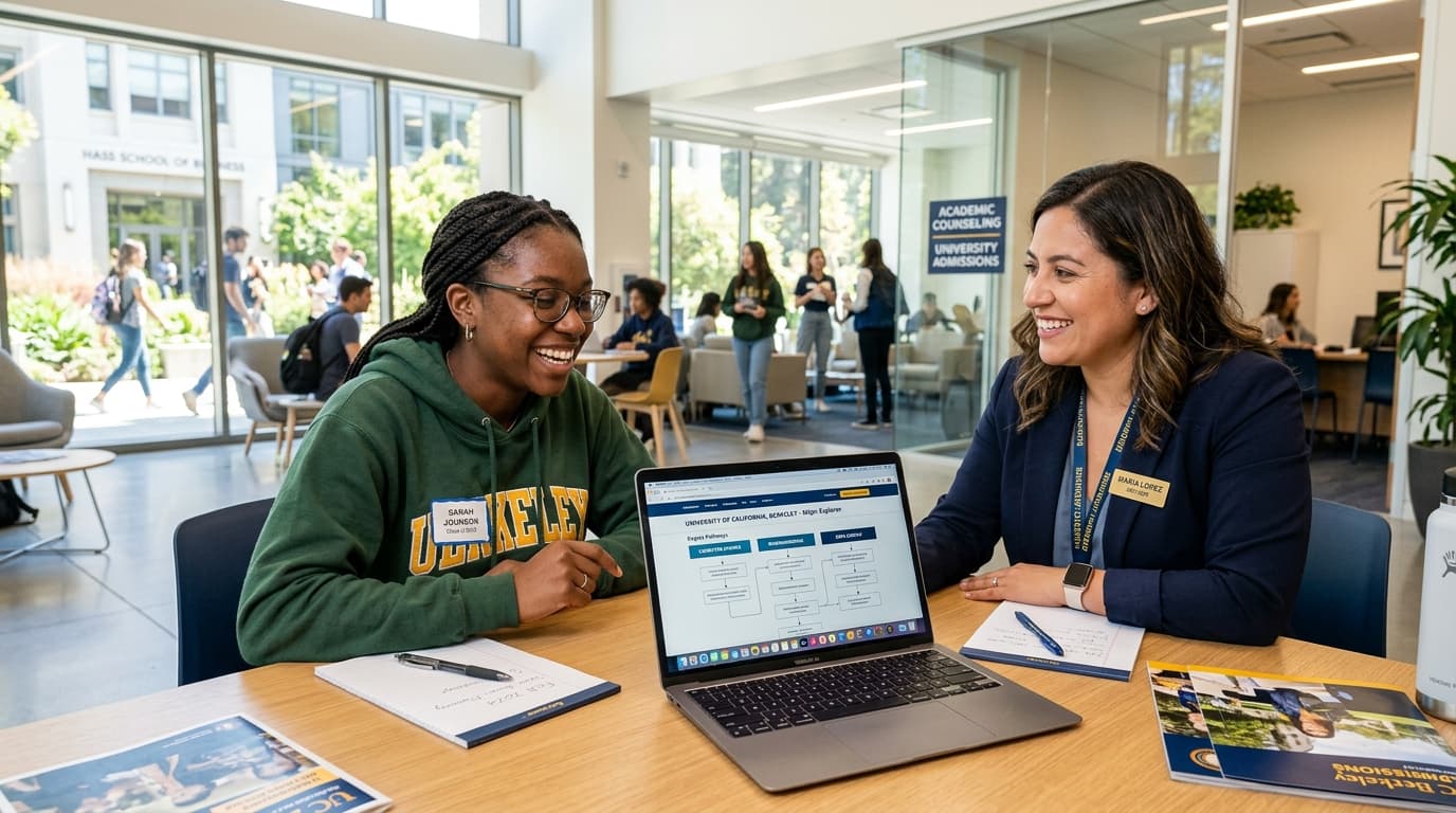 University student and academic advisor discussing educational pathways