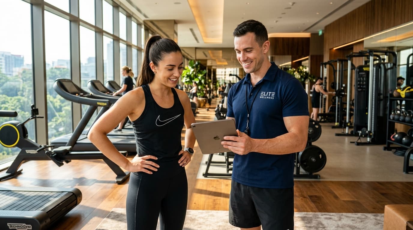 Personal trainer and client reviewing workout goals in luxury wellness club