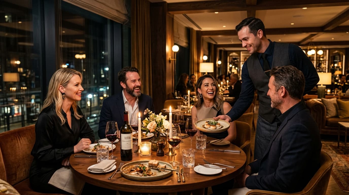 Fine dining guests enjoying evening dinner in luxury boutique hotel lounge