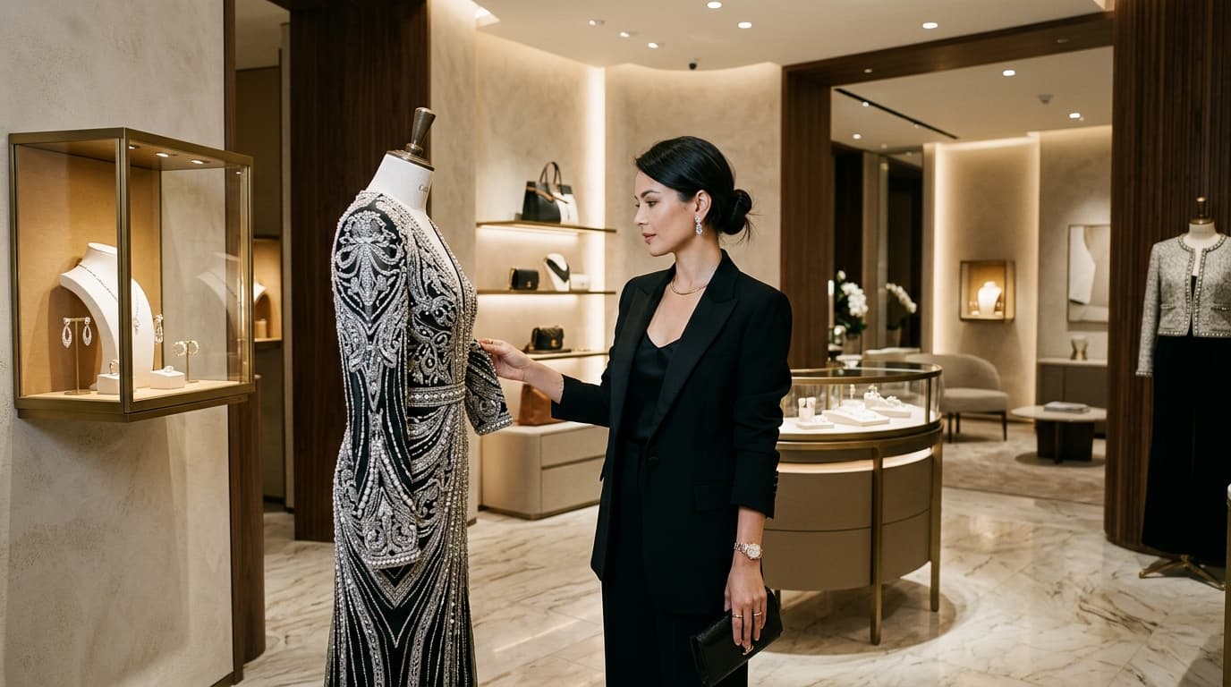 Client admiring exclusive haute couture designs in luxury fashion showroom