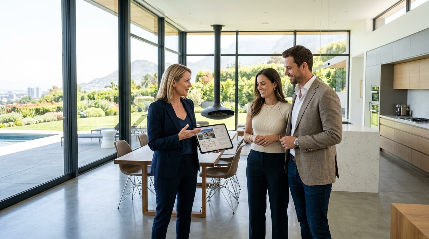 Luxury property tour with real estate consultant in modern architectural residence