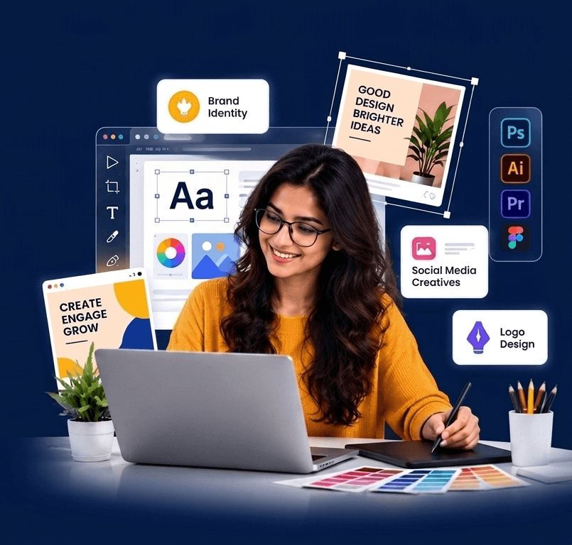 Professional Indian female graphic designer working on laptop and drawing tablet in a creative design studio