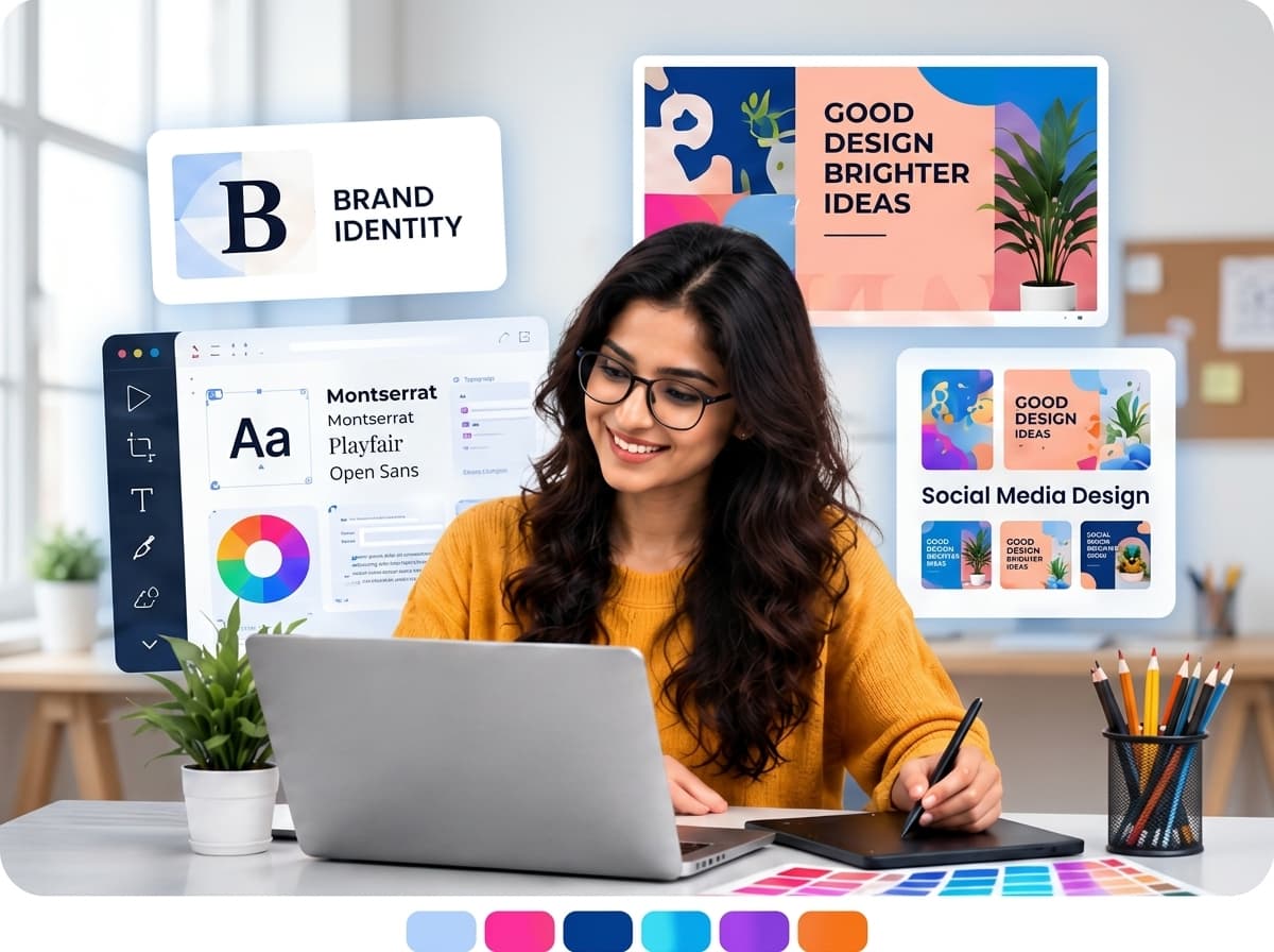 Creative graphic designer working with brand identity and typography design previews in modern studio